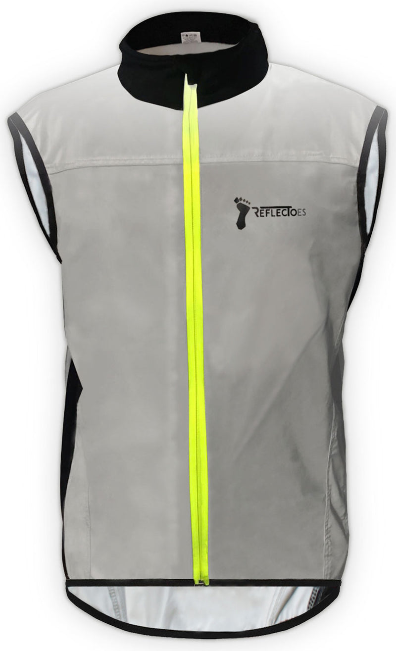 ReflecToes silver reflective running vest with neon yellow zipper on white background