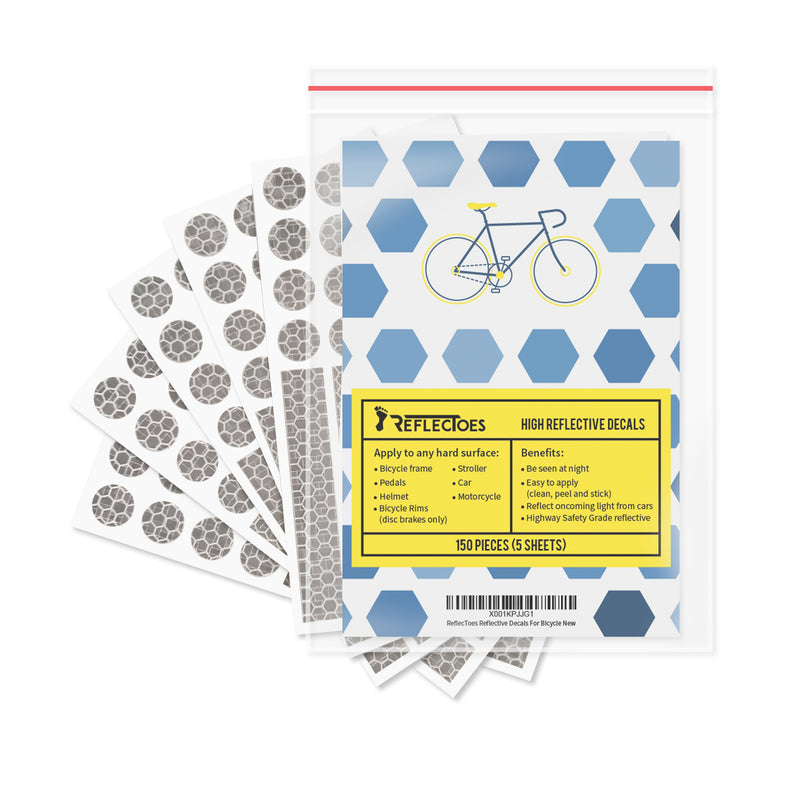 Five sheets of ReflecToes high reflective decals in resealable bag showing hexagon design packaging