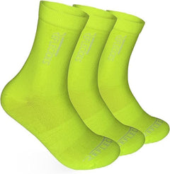 Three neon yellow-green ReflecToes crew socks stacked on white background